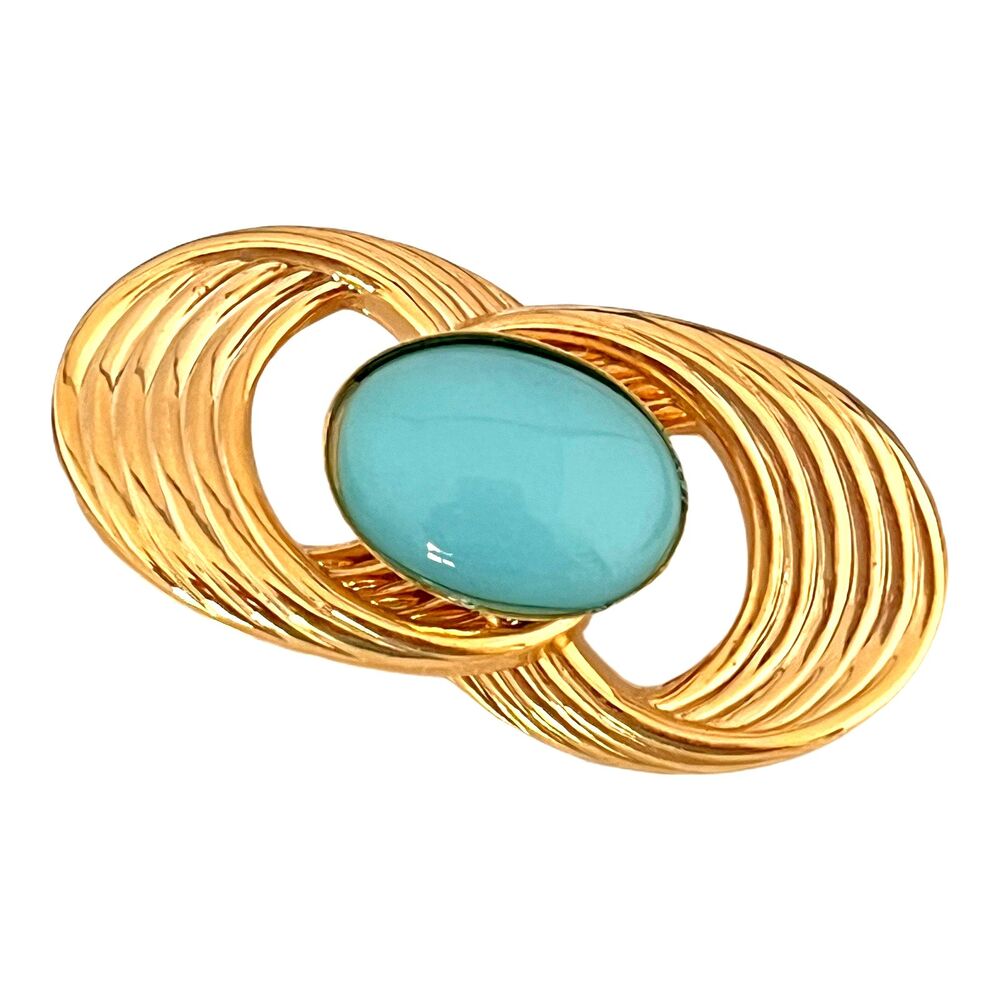 Vintage 1960s Swirl Brooch Blue Cabochon Gold Tone Mid Century C-Clasp - 1K